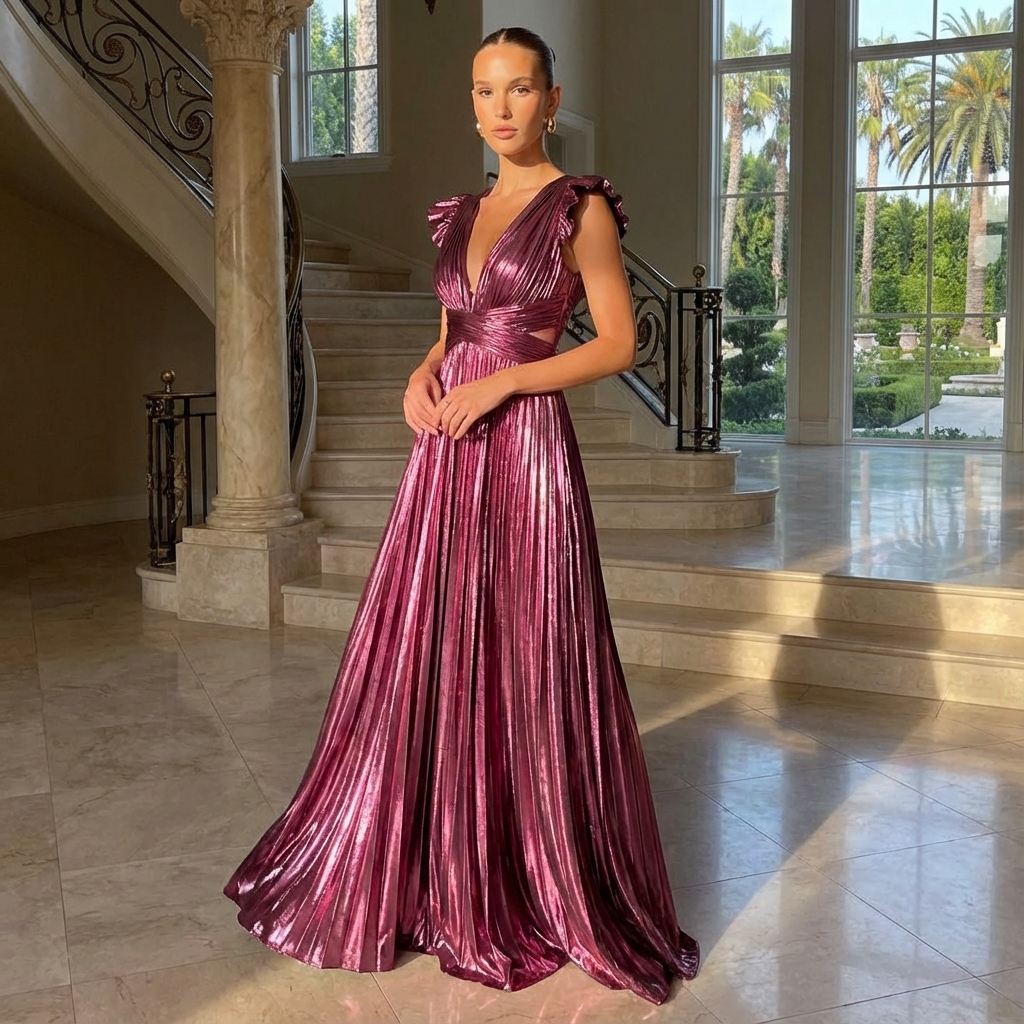 Satin Deep V Neck Evening Dresses with Pleats