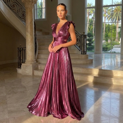 Satin Deep V Neck Evening Dresses with Pleats