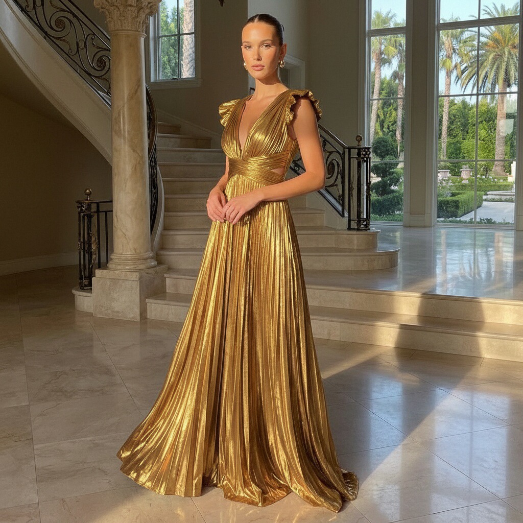 Satin Deep V Neck Evening Dresses with Pleats