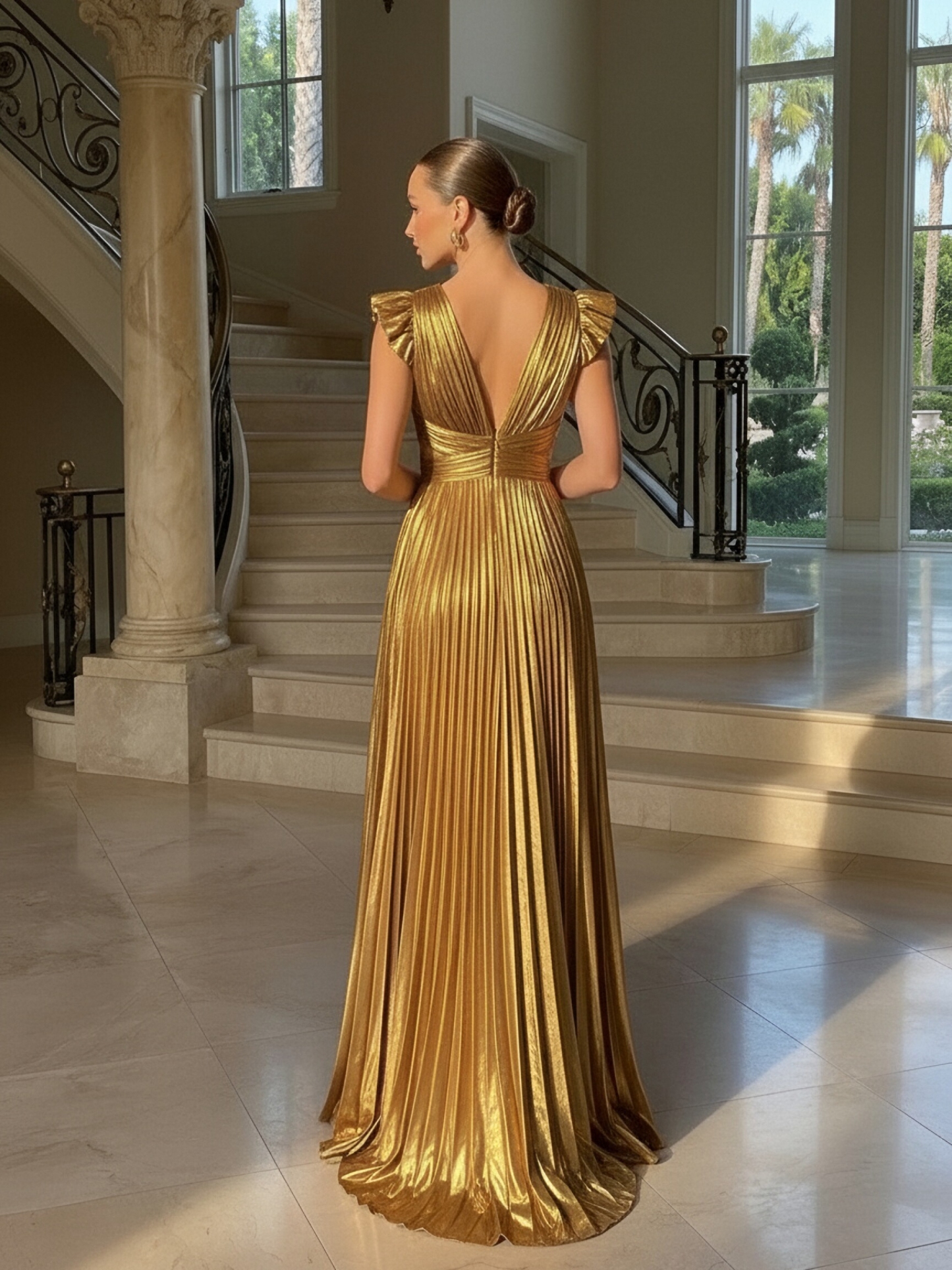 Satin Deep V Neck Evening Dresses with Pleats