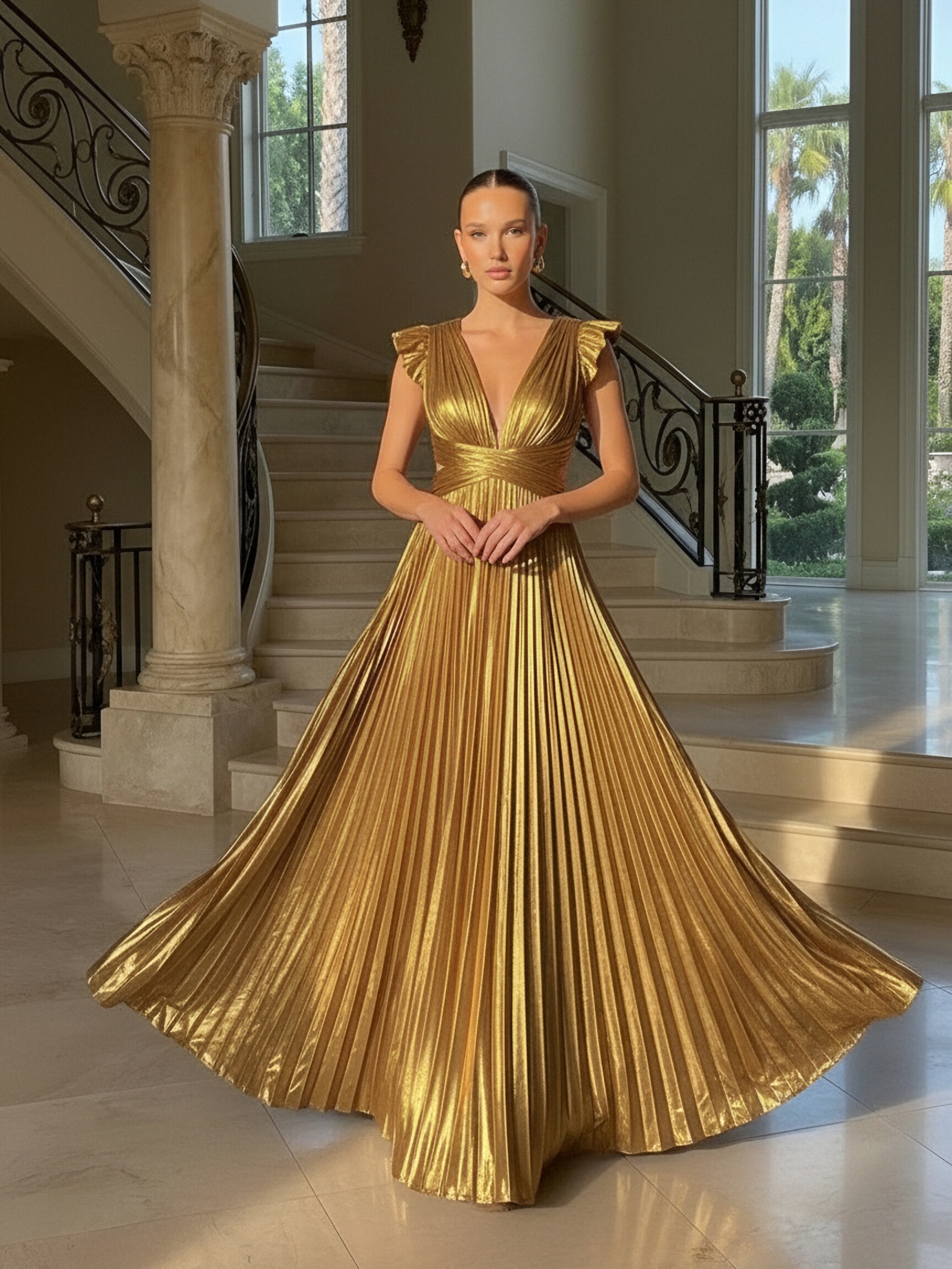 Satin Deep V Neck Evening Dresses with Pleats