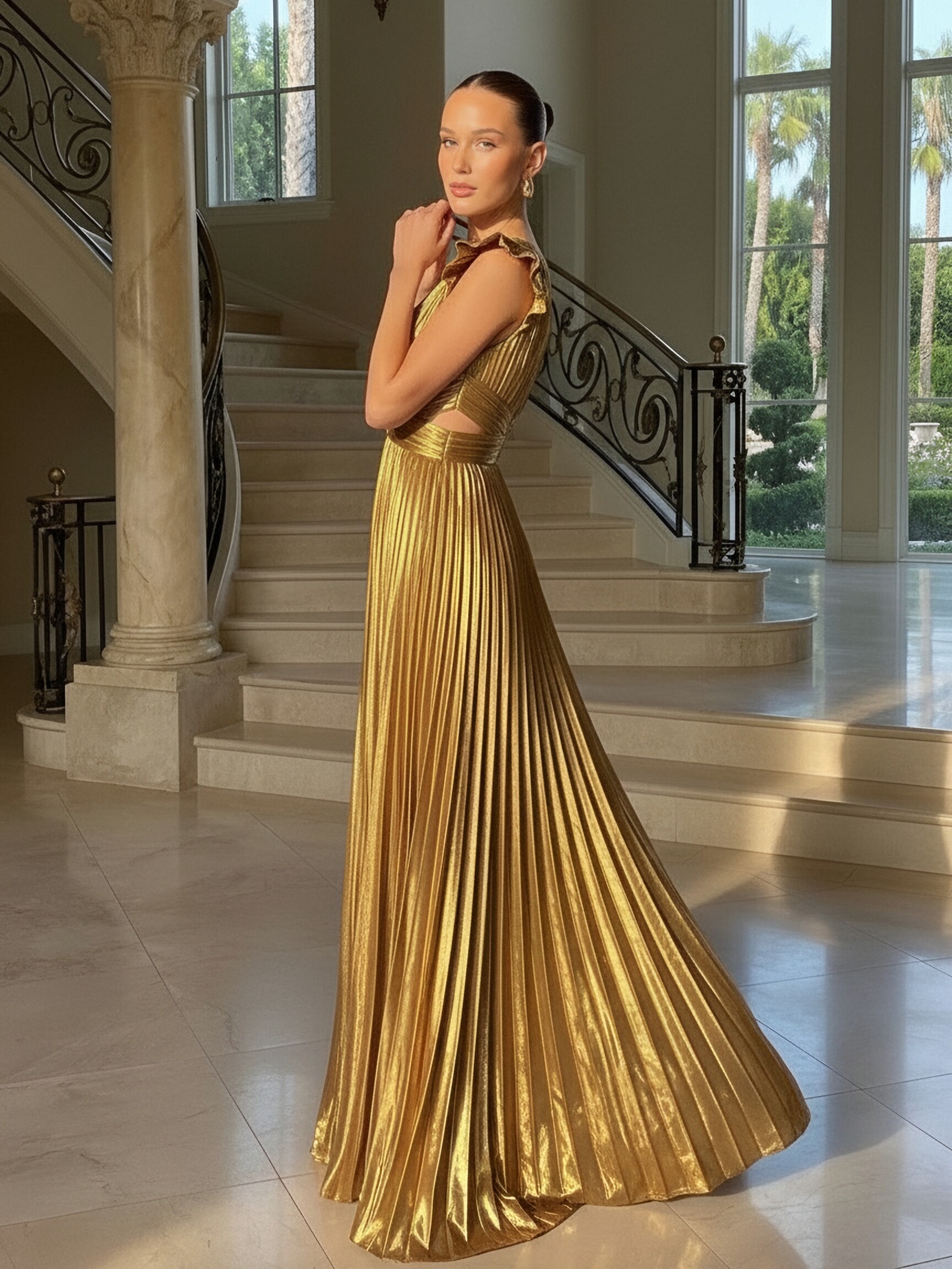 Satin Deep V Neck Evening Dresses with Pleats