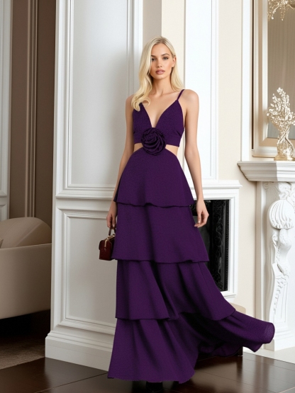 Chiffon V Neck Evening Dresses with Ruffles