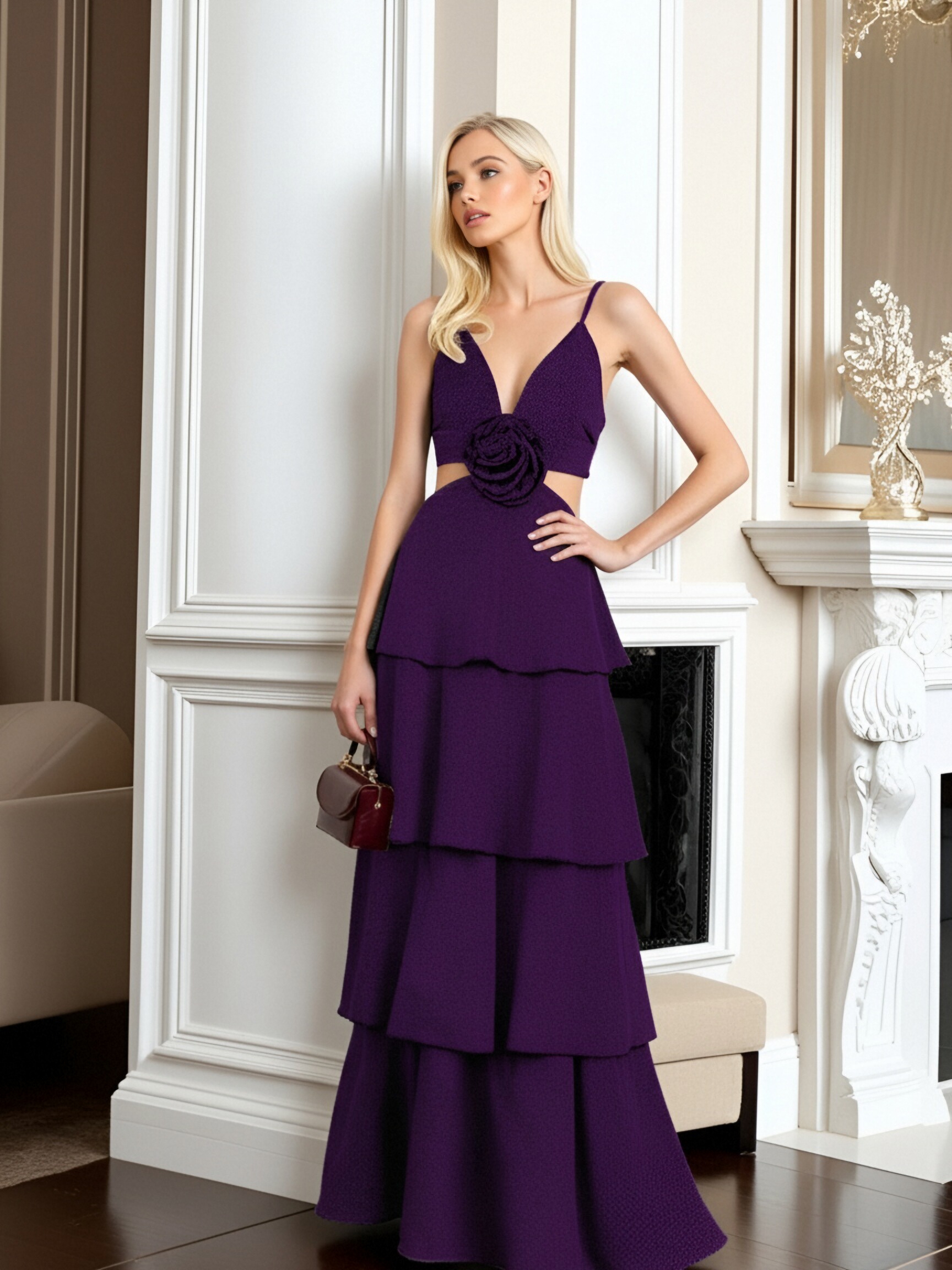Chiffon V Neck Evening Dresses with Ruffles