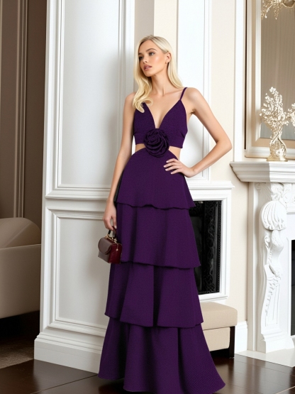 Chiffon V Neck Evening Dresses with Ruffles