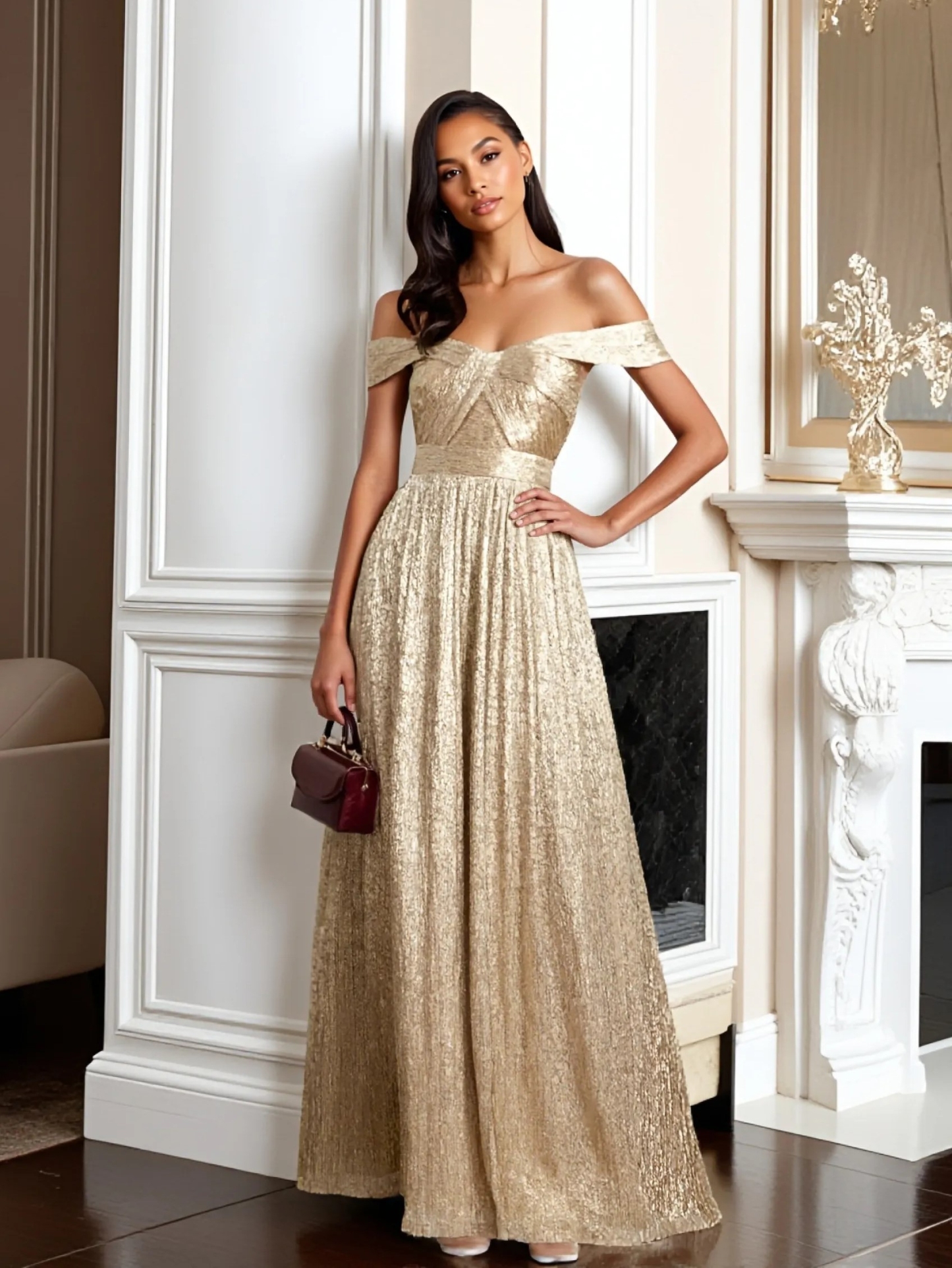 Sequin Off Shoulder A Line Off Shoulder Evening Dresses with Pleats