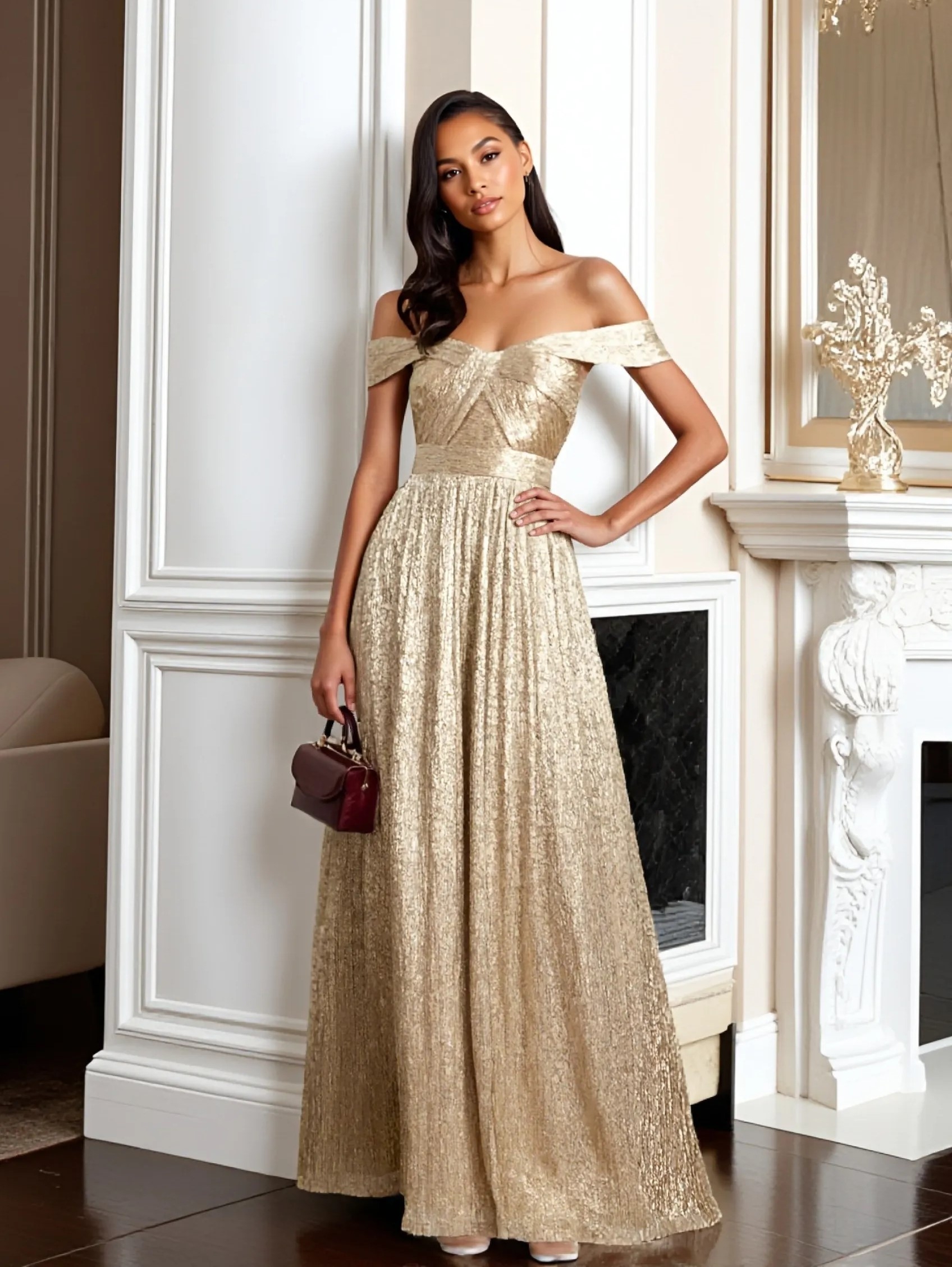 Sequin Off Shoulder A Line Off Shoulder Evening Dresses with Pleats