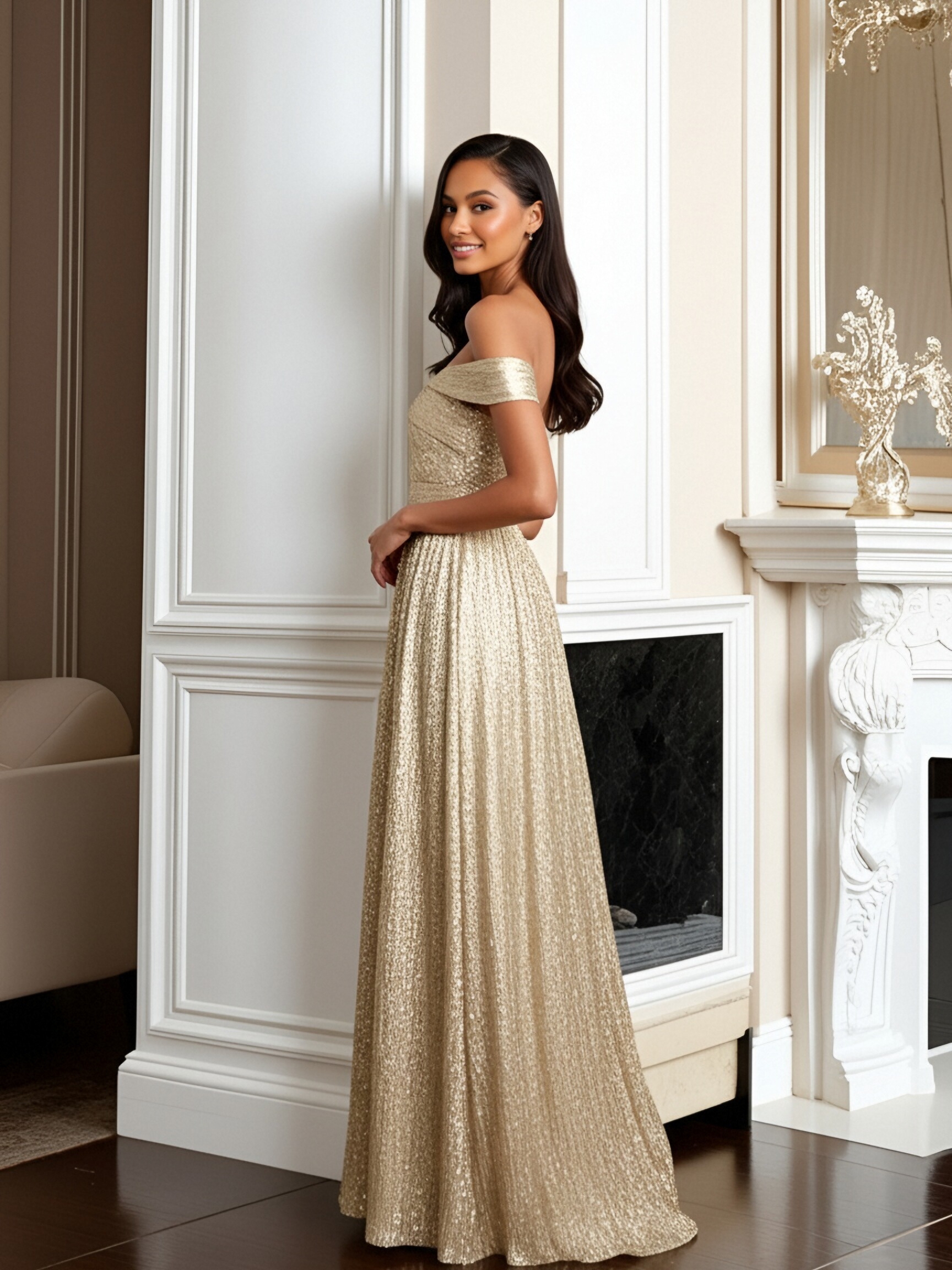 Sequin Off Shoulder A Line Off Shoulder Evening Dresses with Pleats
