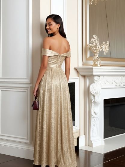 Sequin Off Shoulder A Line Off Shoulder Evening Dresses with Pleats