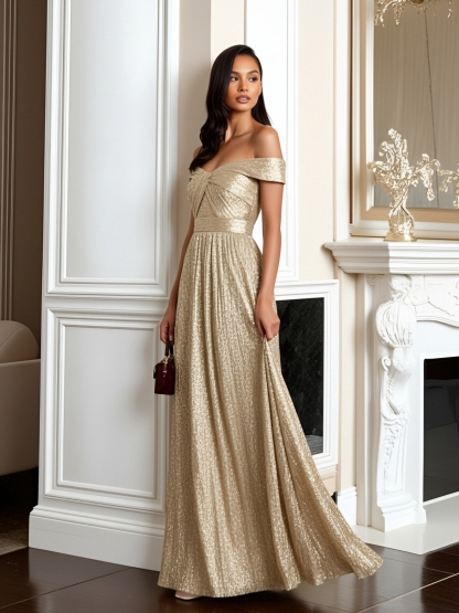 Sequin Off Shoulder A Line Off Shoulder Evening Dresses with Pleats