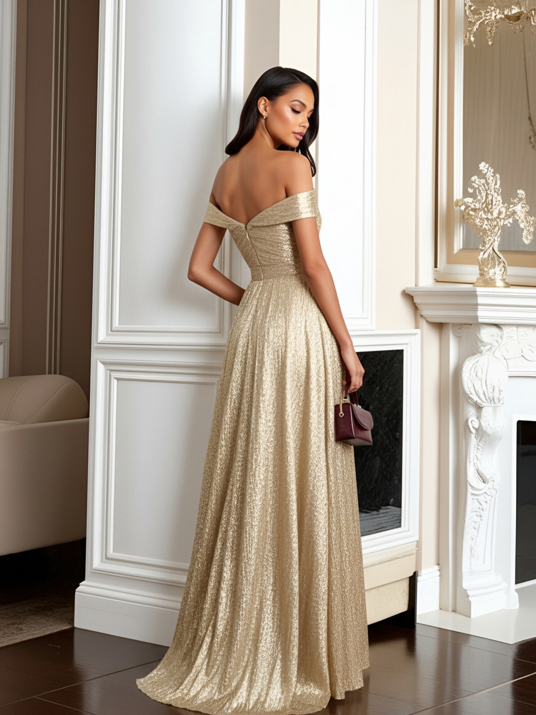 Sequin Off Shoulder A Line Off Shoulder Evening Dresses with Pleats