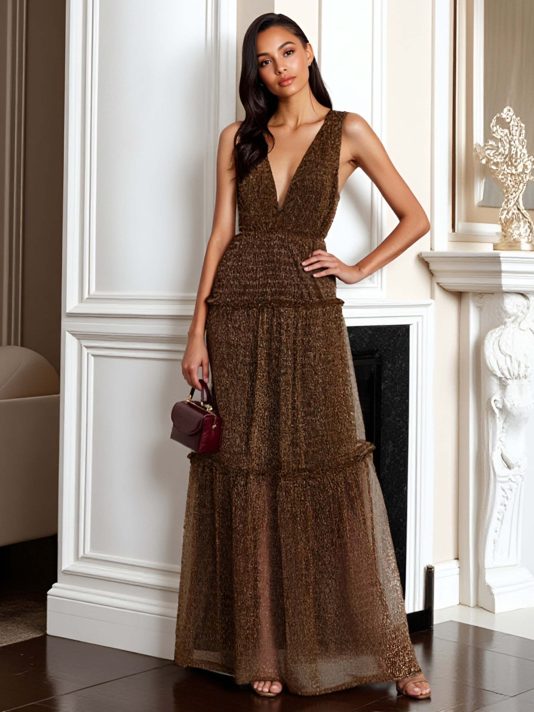 Tulle A Line V Neck Evening Dresses with Ruffles