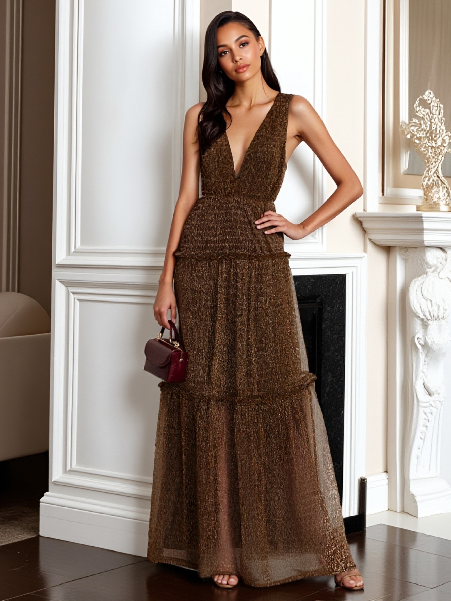 Tulle A Line V Neck Evening Dresses with Ruffles