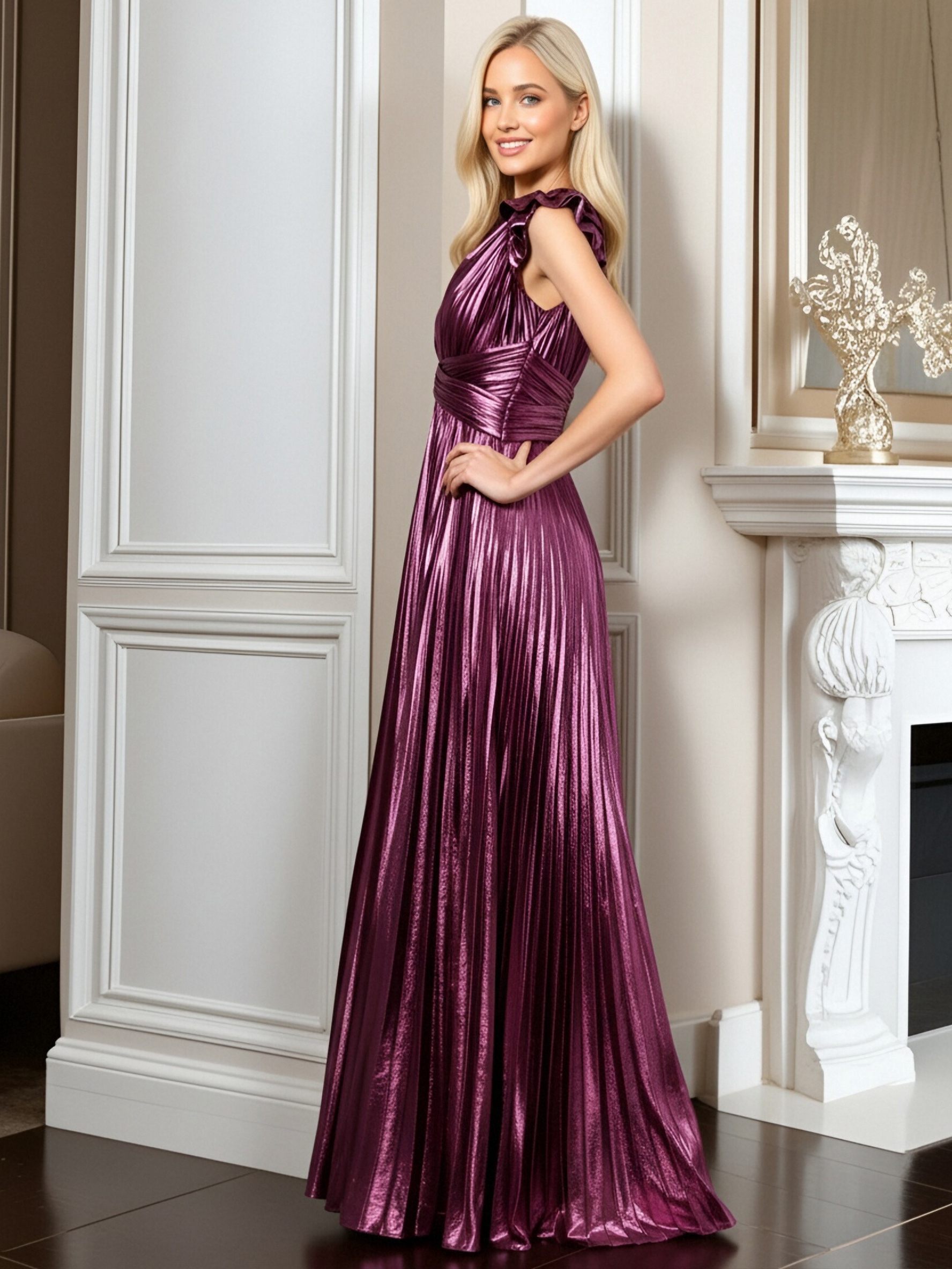 Satin V Neck Evening Dresses with Pleated