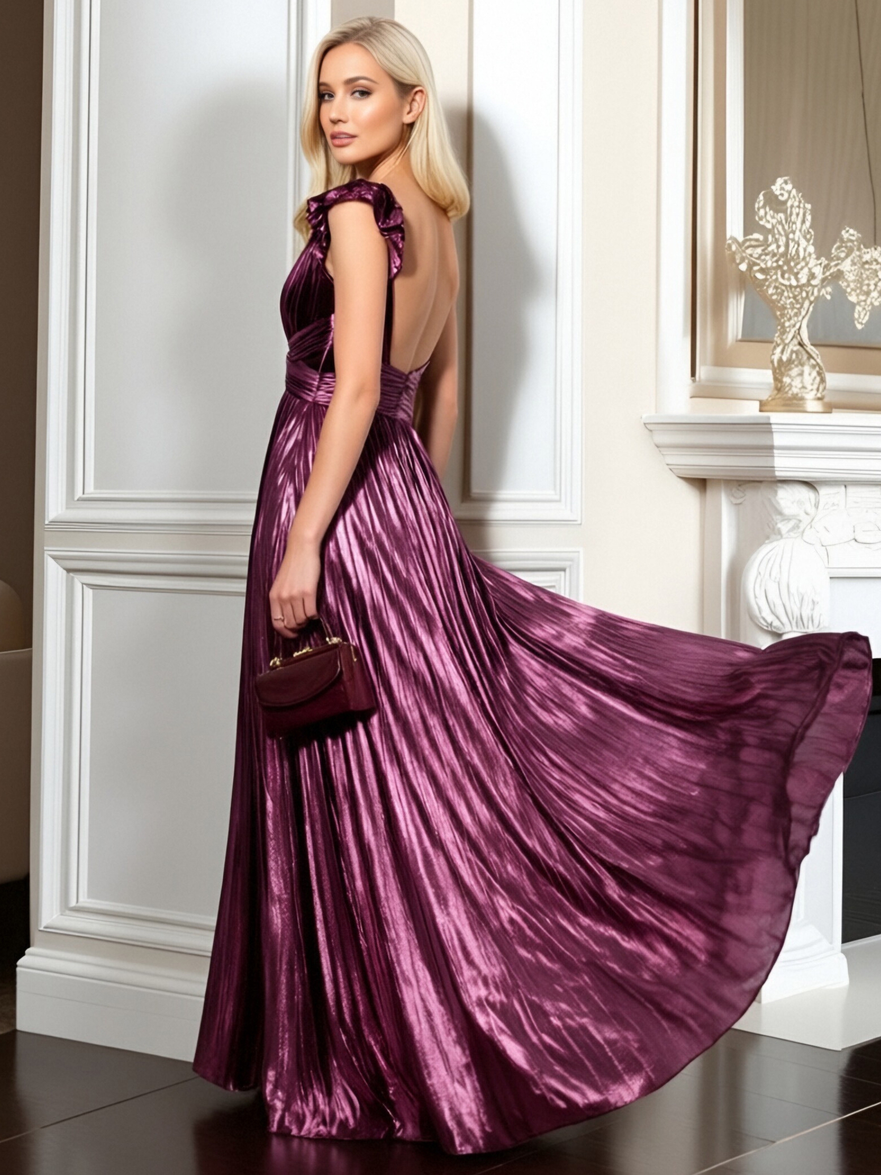 Satin V Neck Evening Dresses with Pleated