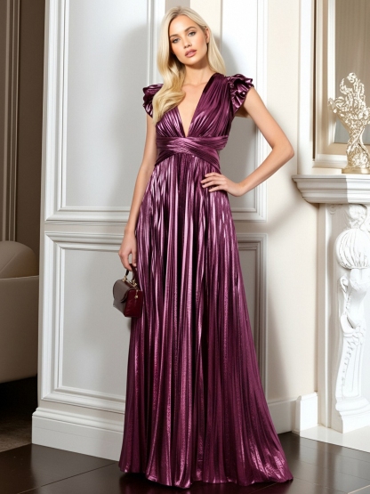 Satin V Neck Evening Dresses with Pleated
