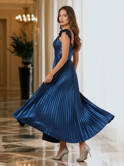 Satin V Neck Evening Dresses with Pleated