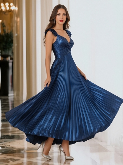 Satin V Neck Evening Dresses with Pleated