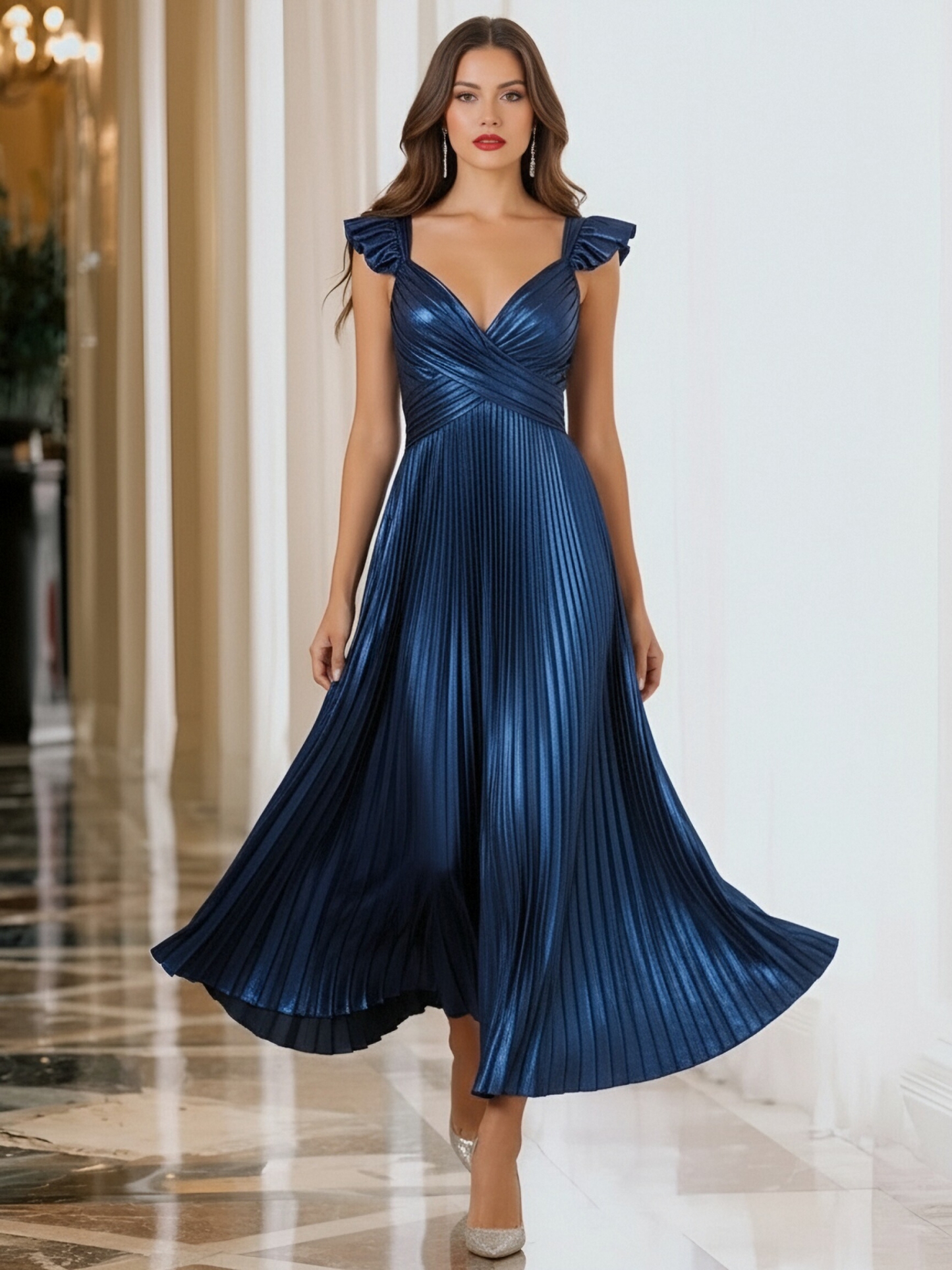 Satin V Neck Evening Dresses with Pleated