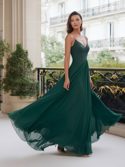 Chiffon Spaghetti Straps Evening Dresses with Pleats