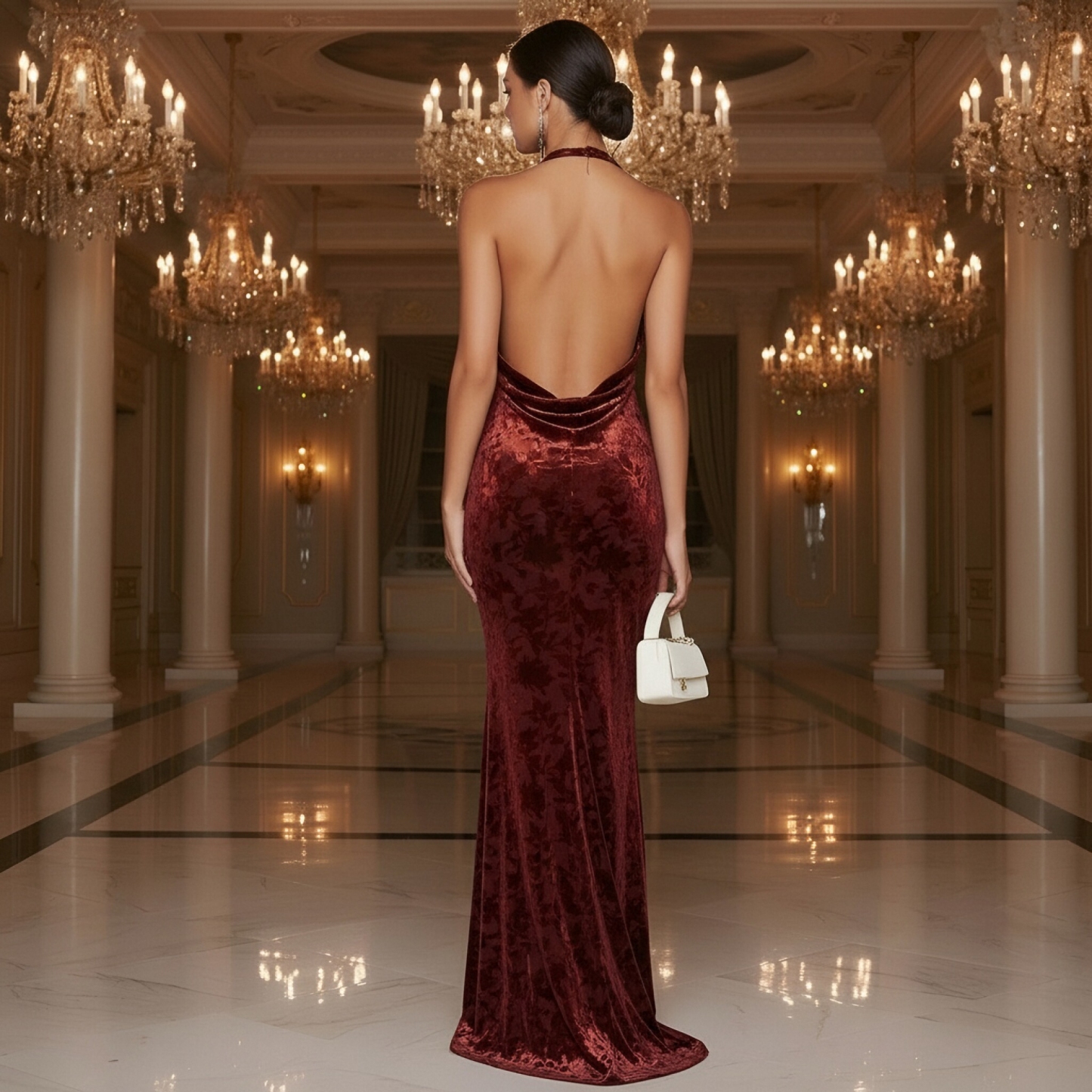 Velvet Floral Halter Evening Dresses with Pleats