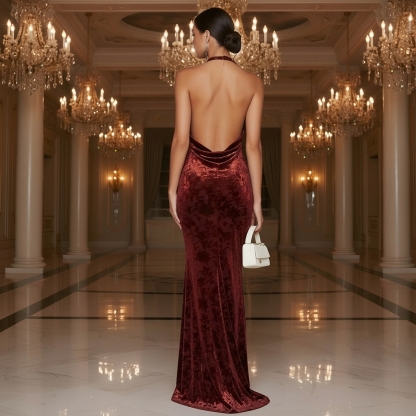 Velvet Floral Halter Evening Dresses with Pleats