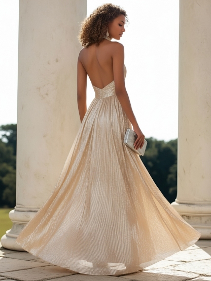 Satin Halter Mermaid Evening Dresses with Pleated