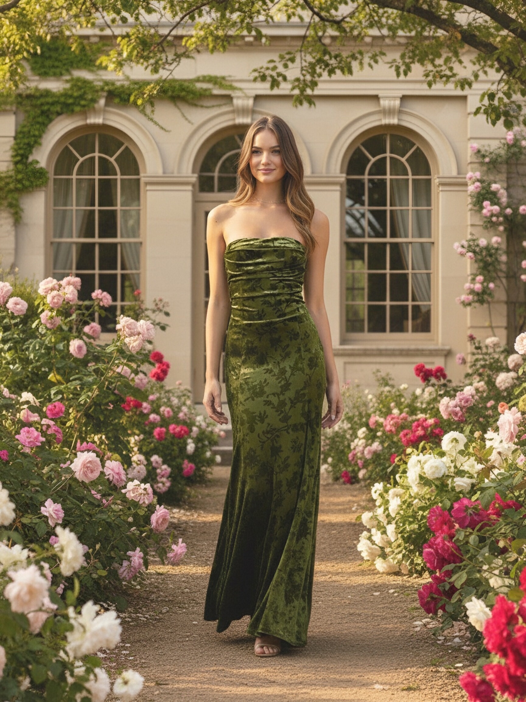 Floral Velvet Drop Neck Evening Dresses with Pleats