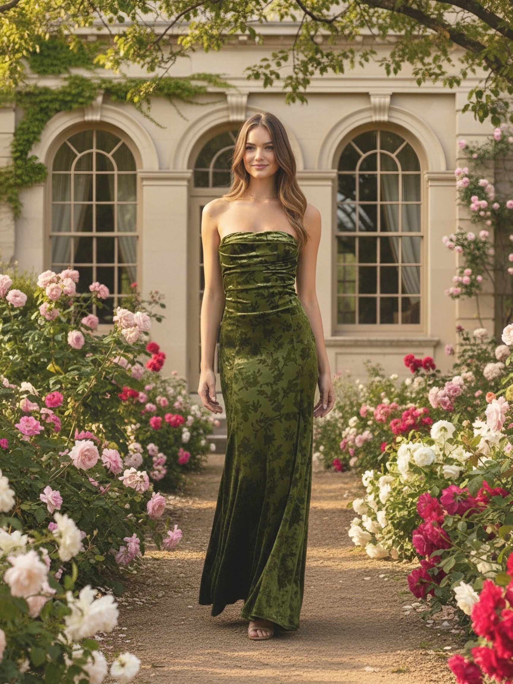 Floral Velvet Drop Neck Evening Dresses with Pleats