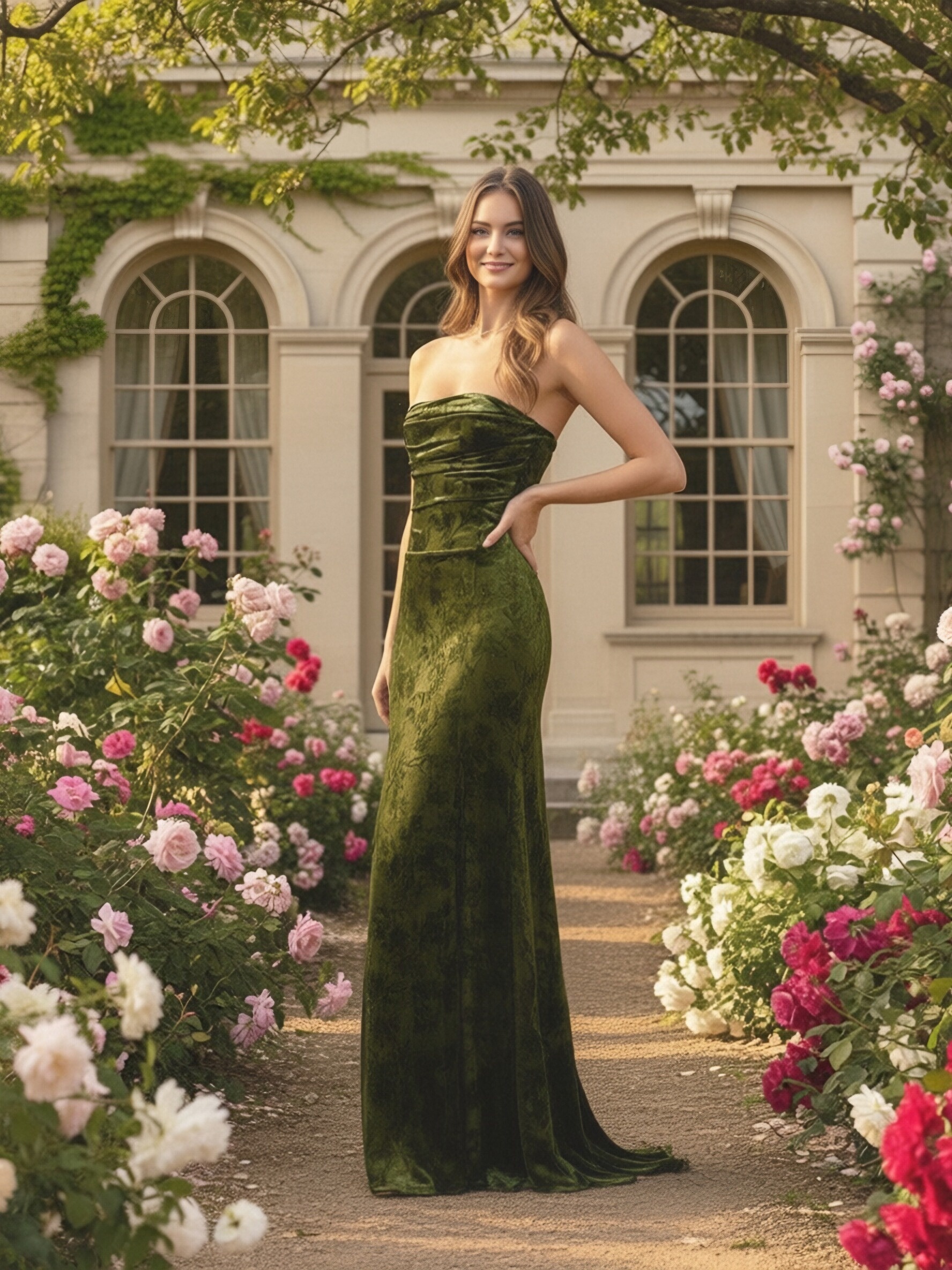 Floral Velvet Drop Neck Evening Dresses with Pleats