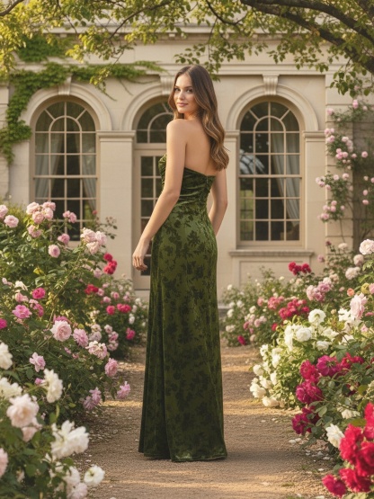 Floral Velvet Drop Neck Evening Dresses with Pleats