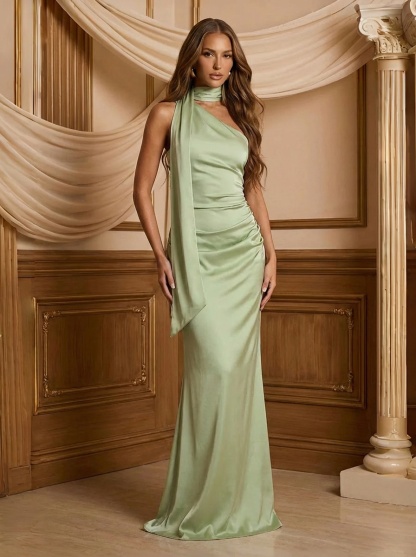 Satin Halter Evening Dresses with Scarf