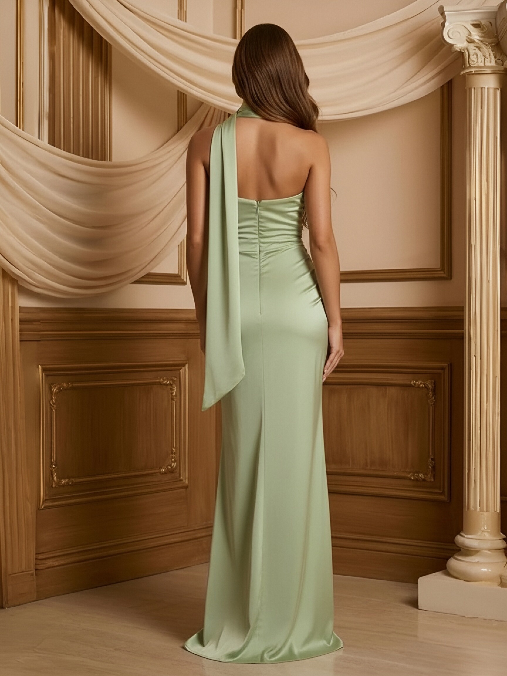 Satin Halter Evening Dresses with Scarf