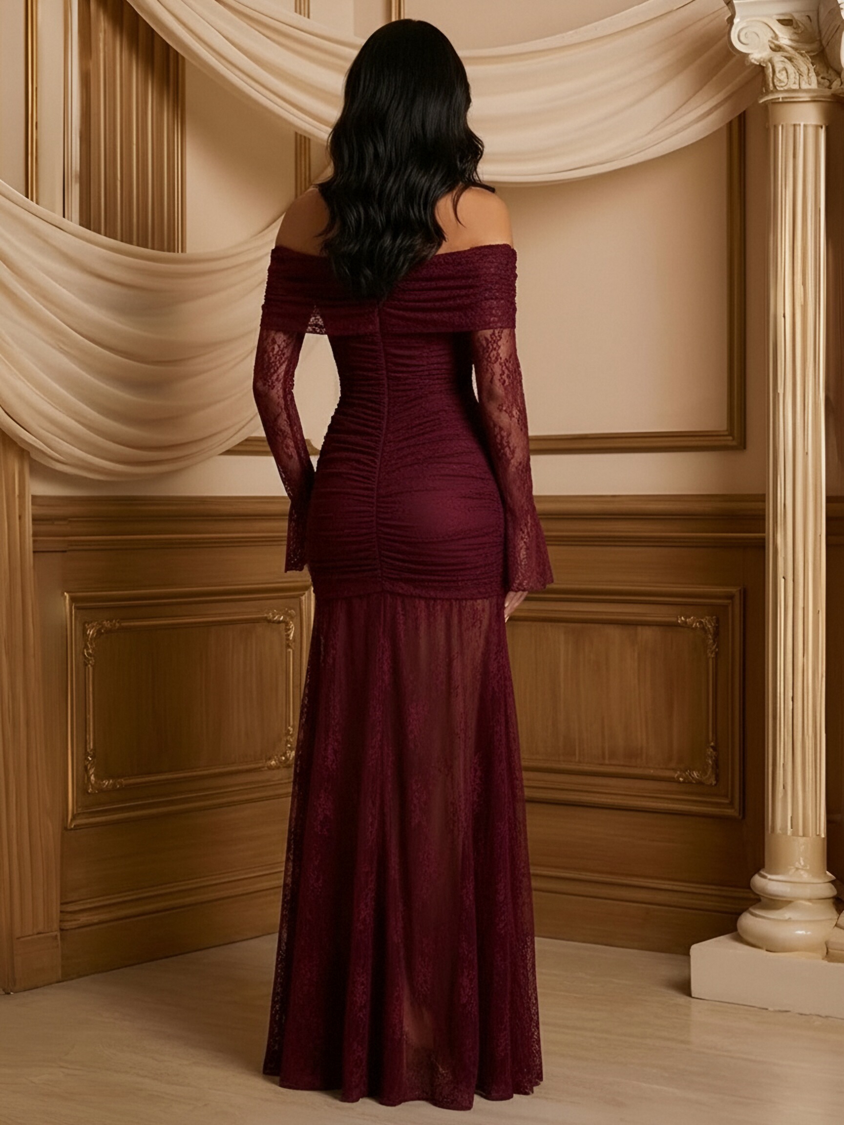 Lace Off Shoulder Long Sleeves Evening Dresses with Pleats