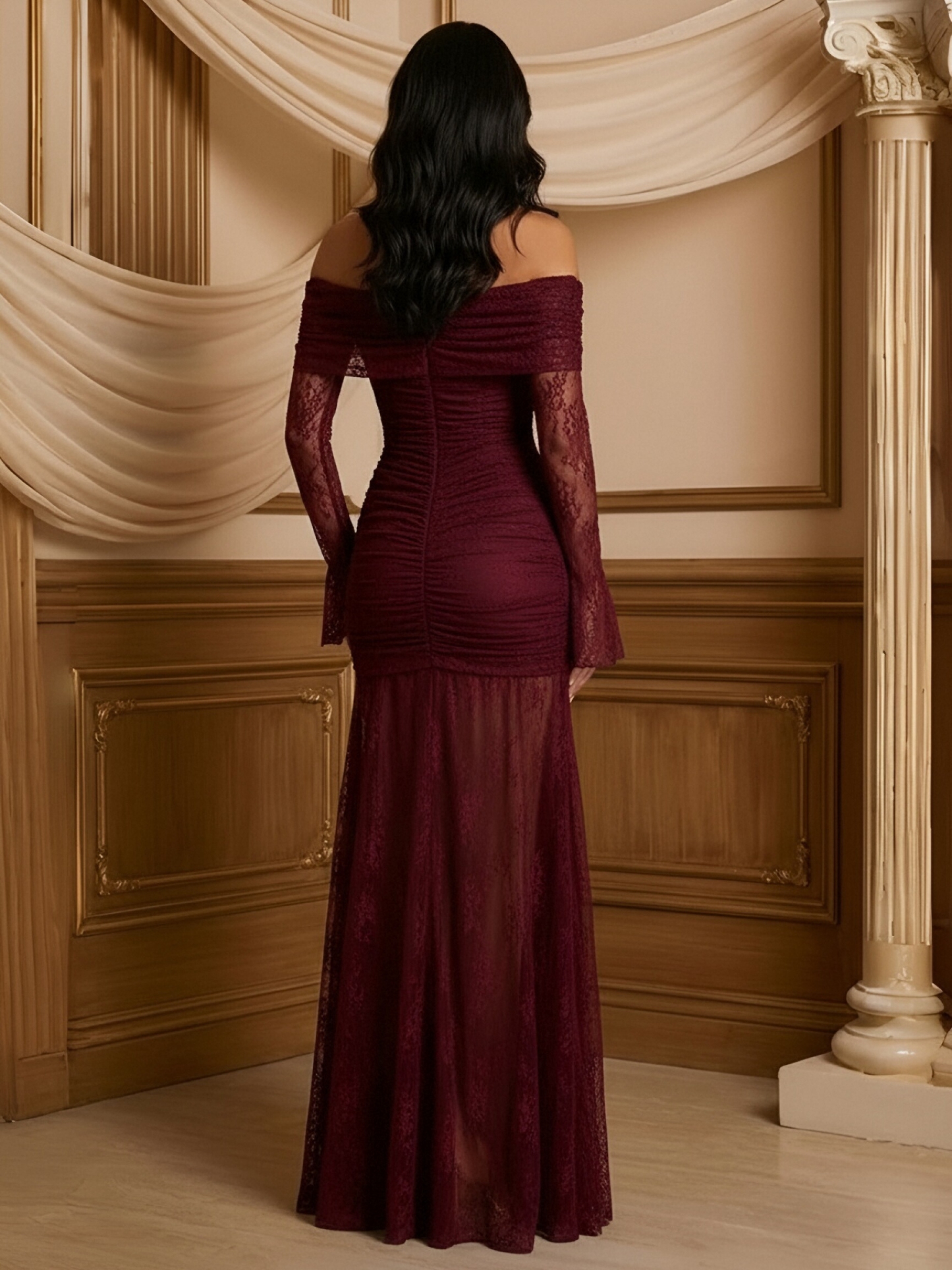 Lace Off Shoulder Long Sleeves Evening Dresses with Pleats