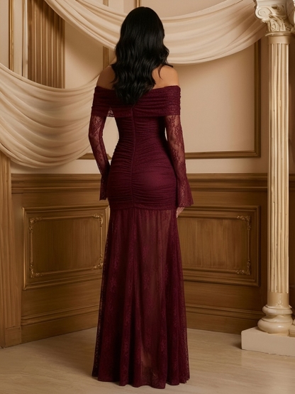 Lace Off Shoulder Long Sleeves Evening Dresses with Pleats