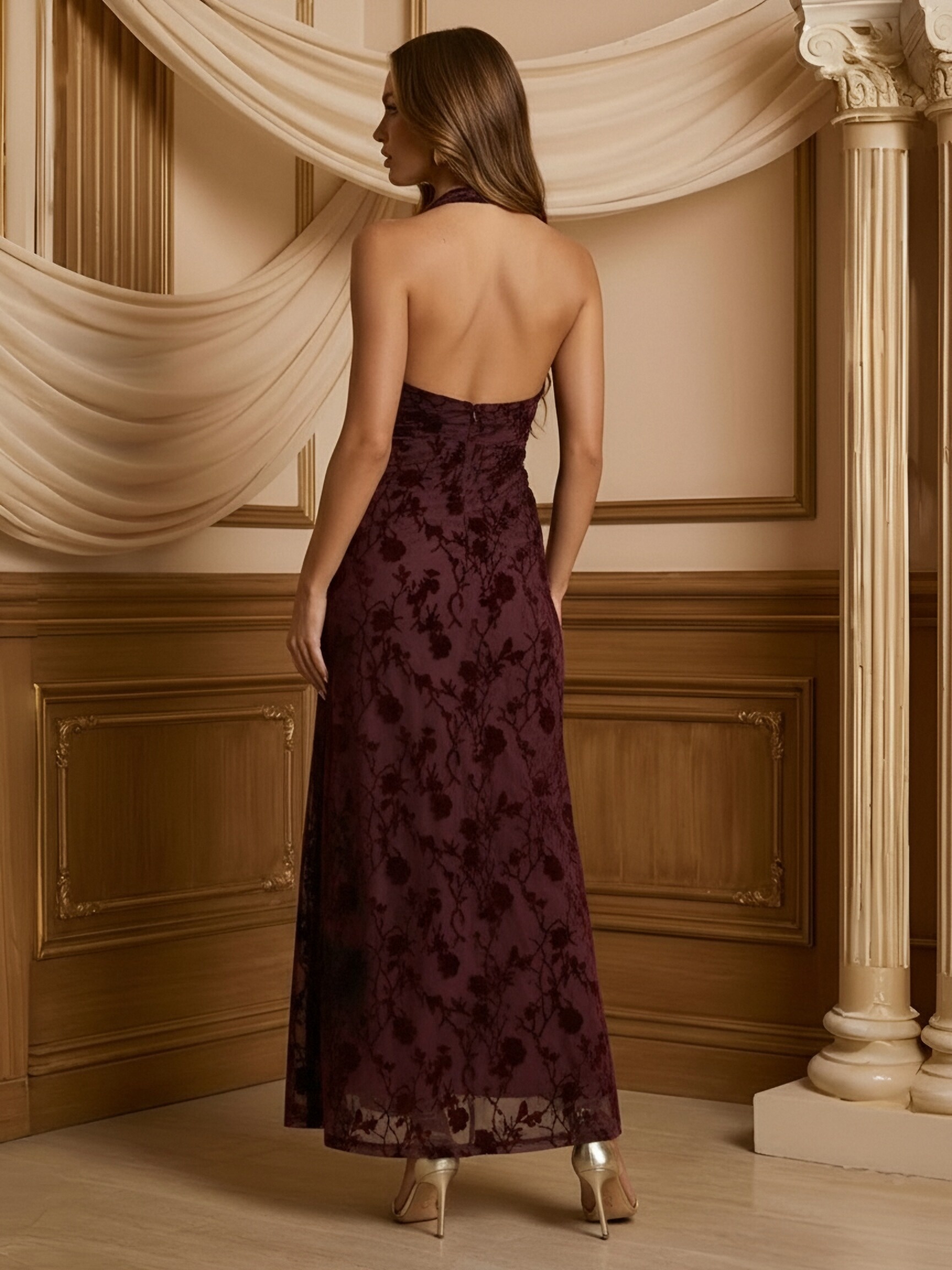Floral Velvet Deep V Neck Evening Dresses with Side Slit