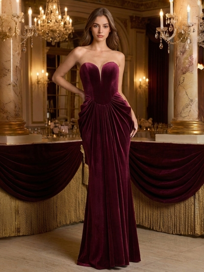 Velvet Sweetheart Mermaid Evening Dresses with Pleats
