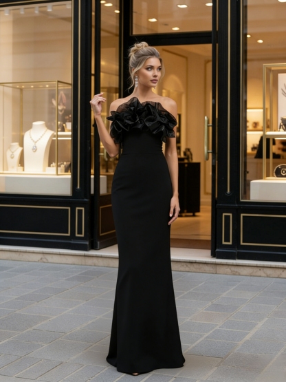 Elegant Satin Strapless Evening Dresses with Ruffles