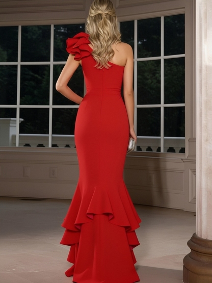 Satin One Shoulder Mermaid Evening Dresses with Ruffles