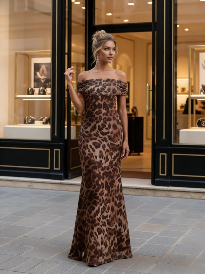 Satin Leopard Off The Shoulder Evening Dresses