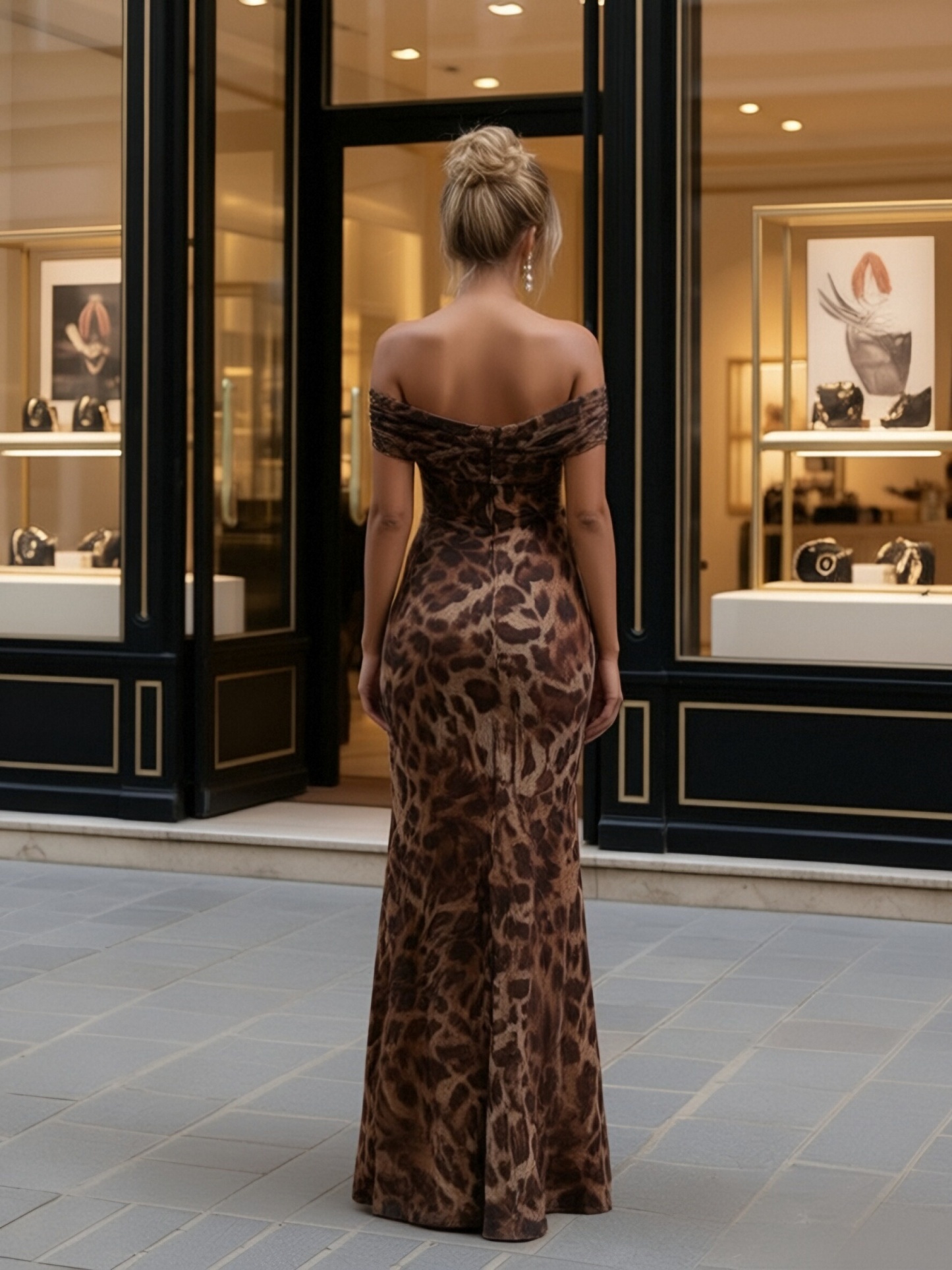 Satin Leopard Off The Shoulder Evening Dresses