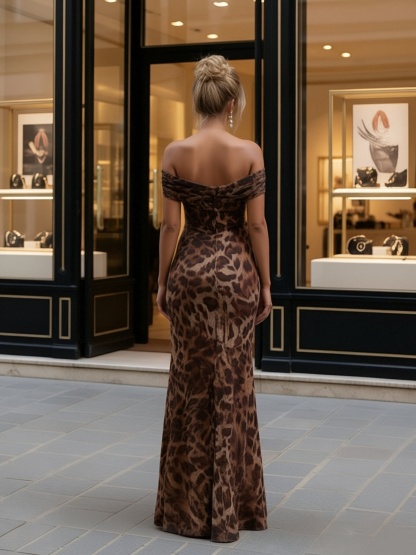 Satin Leopard Off The Shoulder Evening Dresses