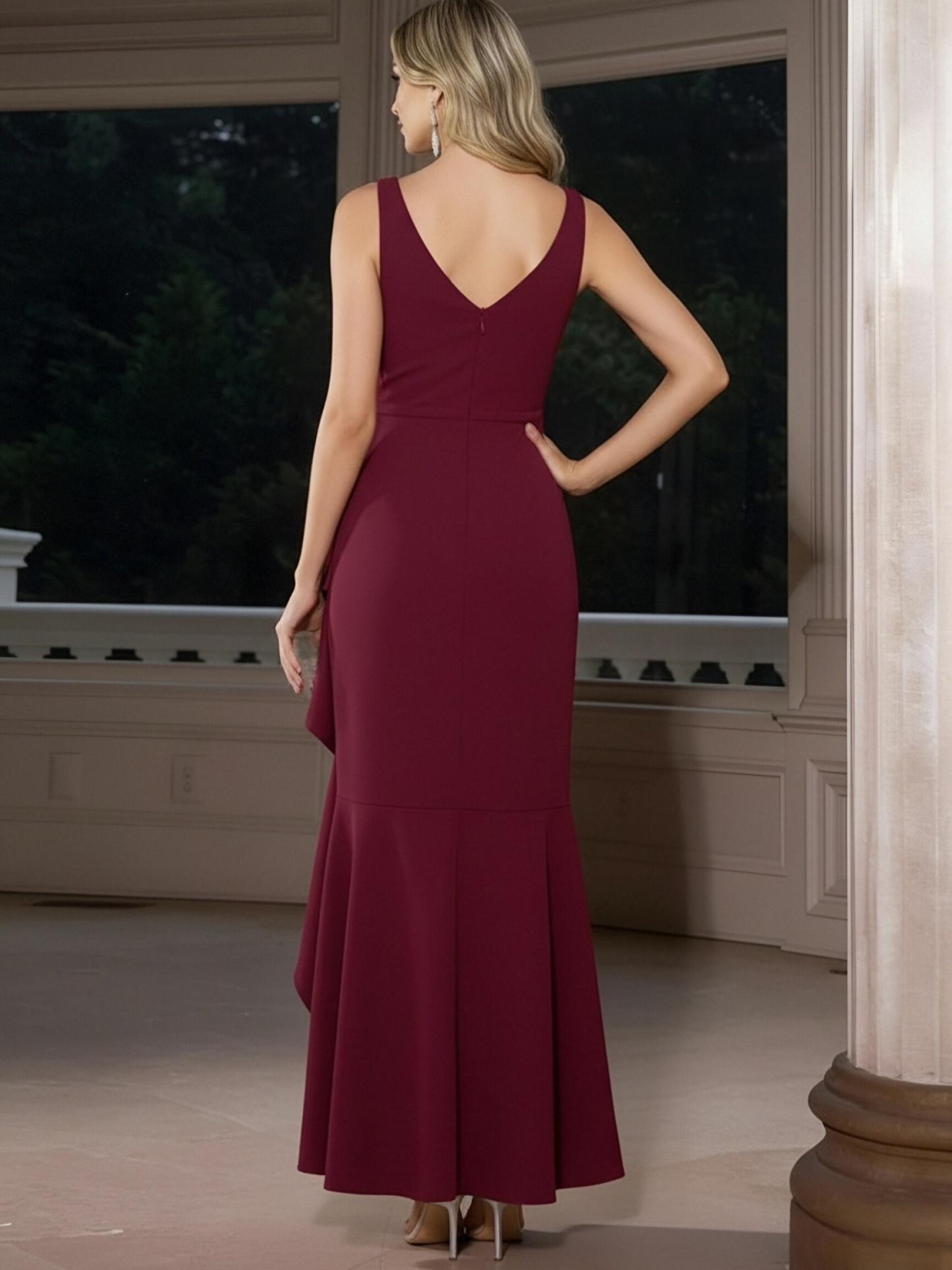 Satin V Neck Evening Dresses with Ruffles