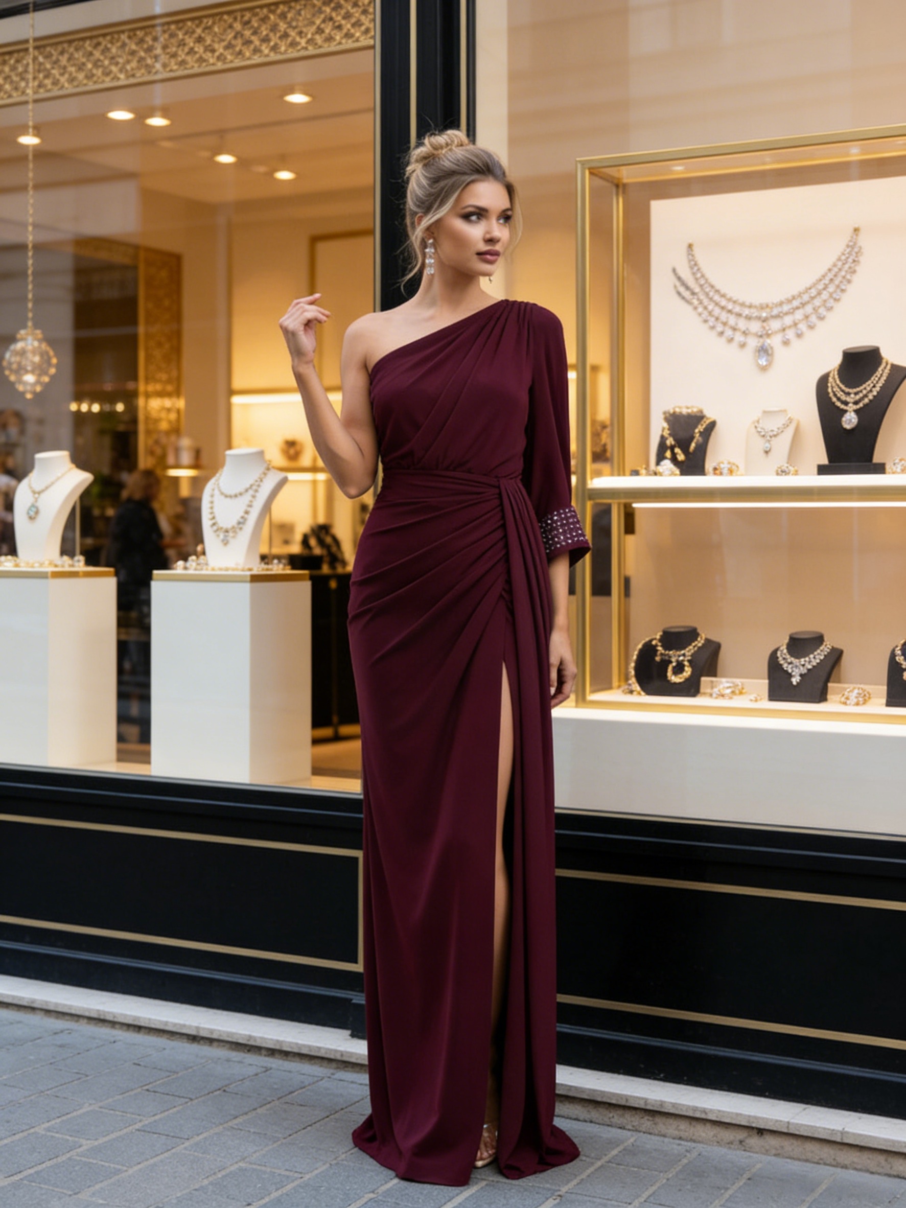 Chiffon One Shoulder Evening Dresses with Sleeves