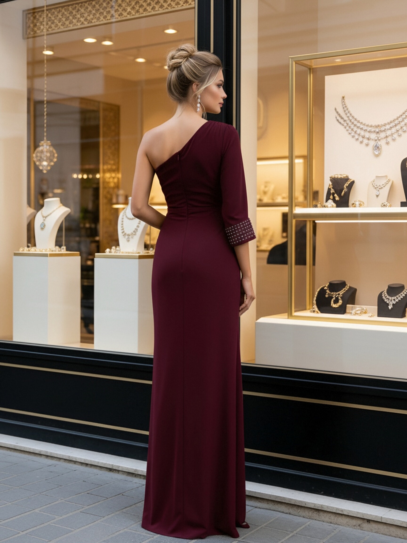 Chiffon One Shoulder Evening Dresses with Sleeves