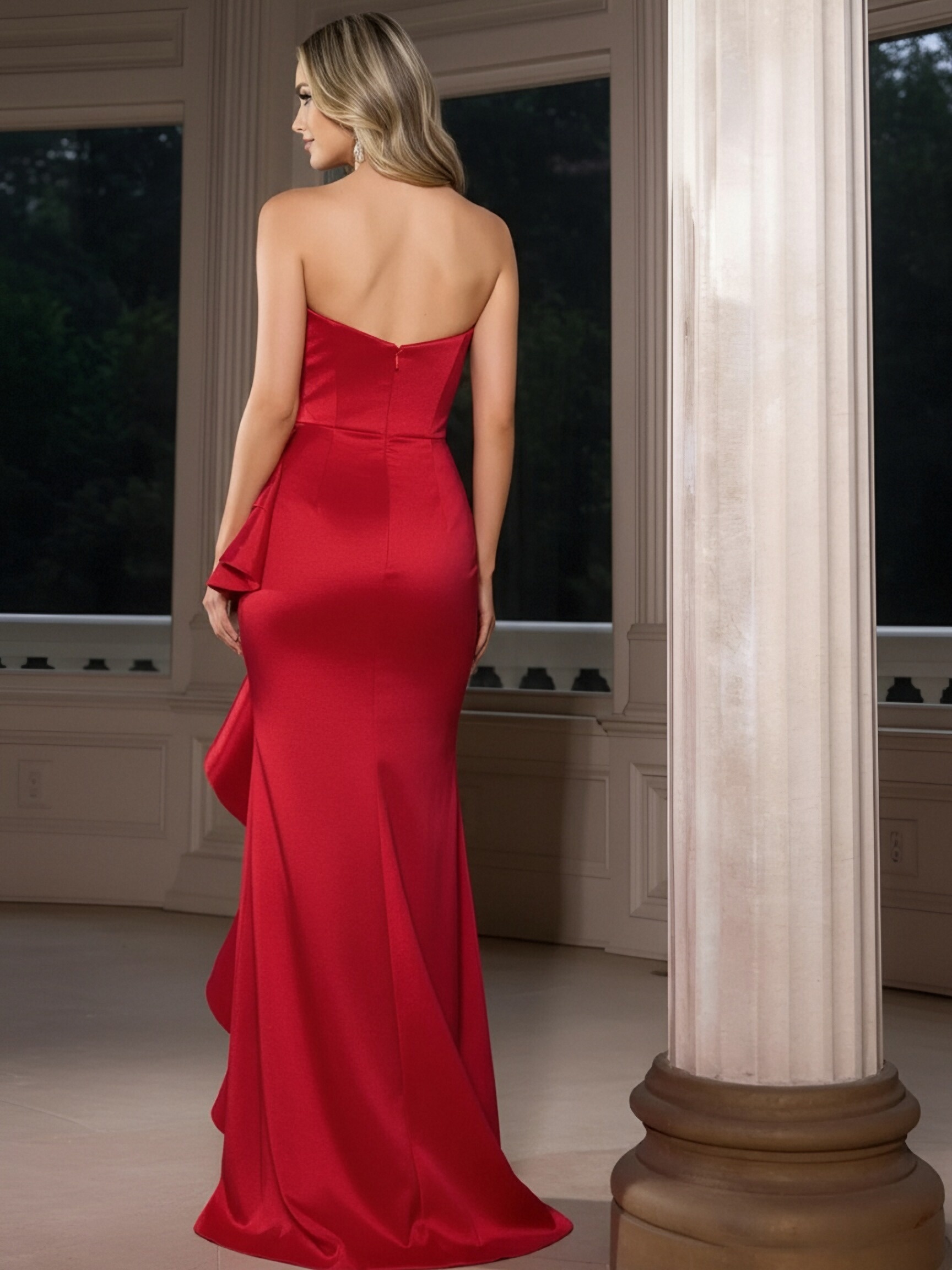 Satin Strapless Evening Dresses with Ruffles
