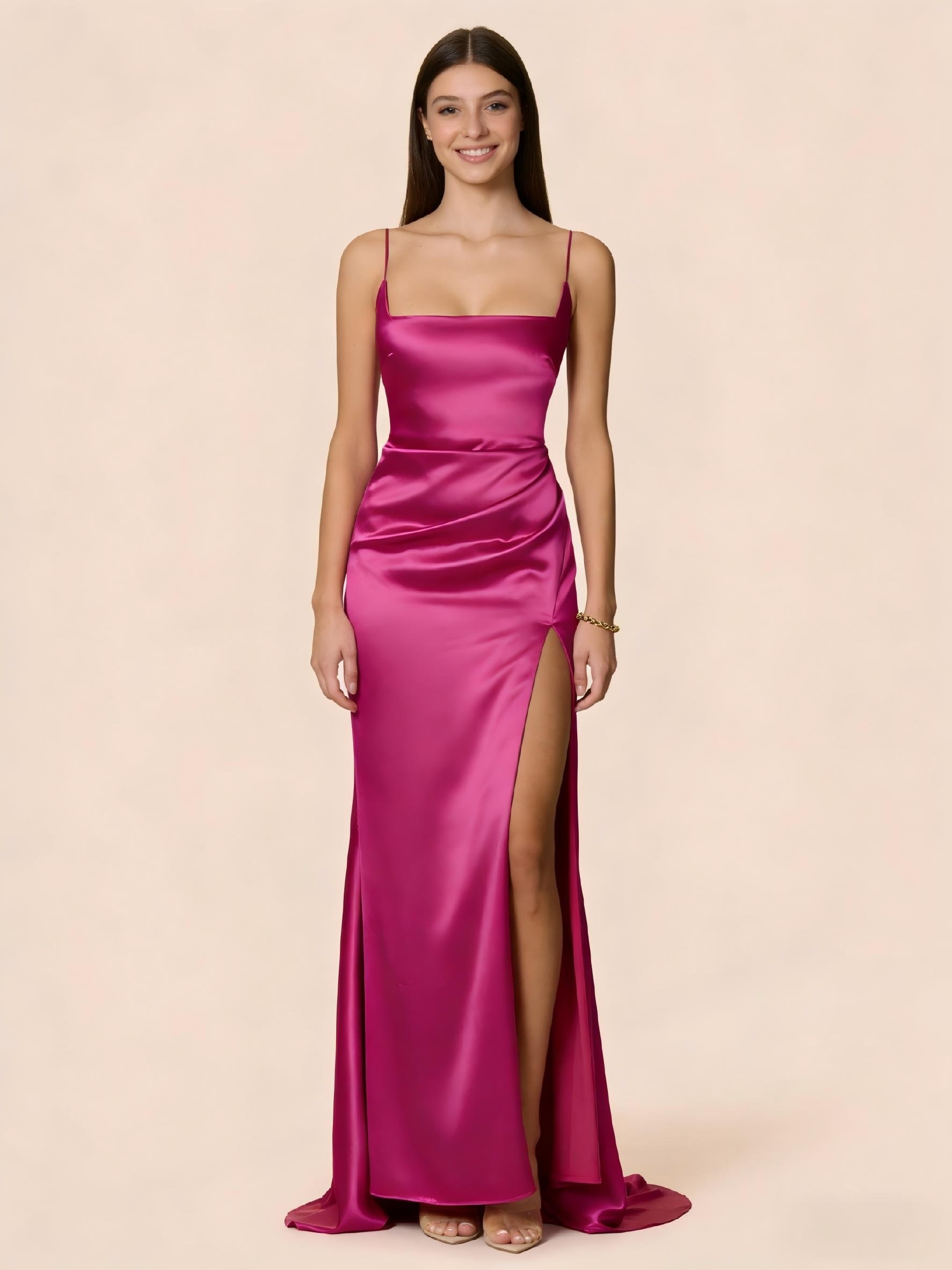 Satin Spaghetti Straps Evening Dresses with Side Slit