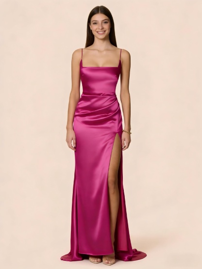 Satin Spaghetti Straps Evening Dresses with Side Slit
