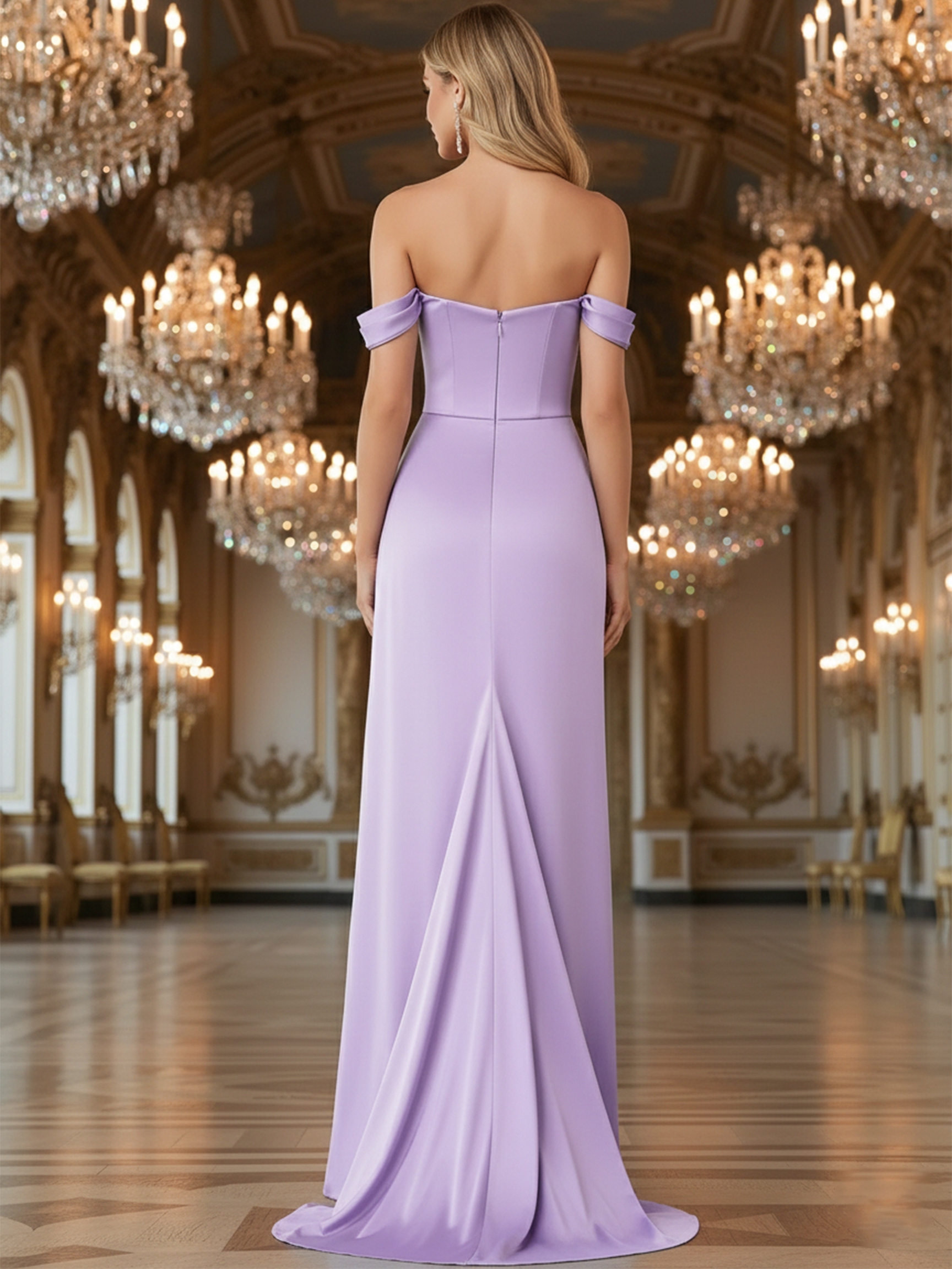 Satin Off the Shoulder Evening Dresses with Slit